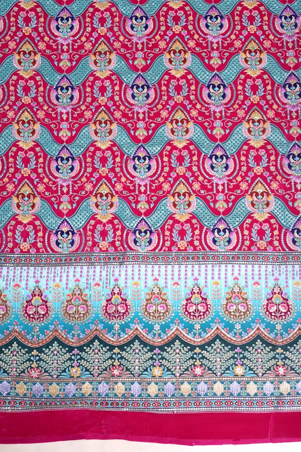 Natural_Crepe_Rani_Pink_Floral_Geometric_Placement_Print_Fabric_With_Ornamental_Panel_Border