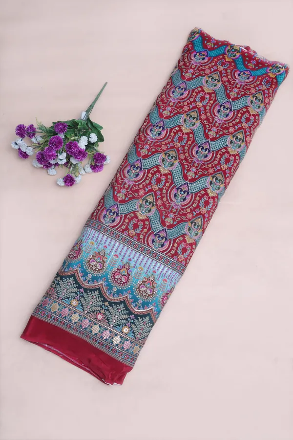 Natural_Crepe_Maroon_Floral_Geometric_Placement_Print_Fabric_With_Ornamental_Panel_Border