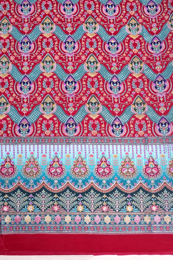 Natural_Crepe_Maroon_Floral_Geometric_Placement_Print_Fabric_With_Ornamental_Panel_Border