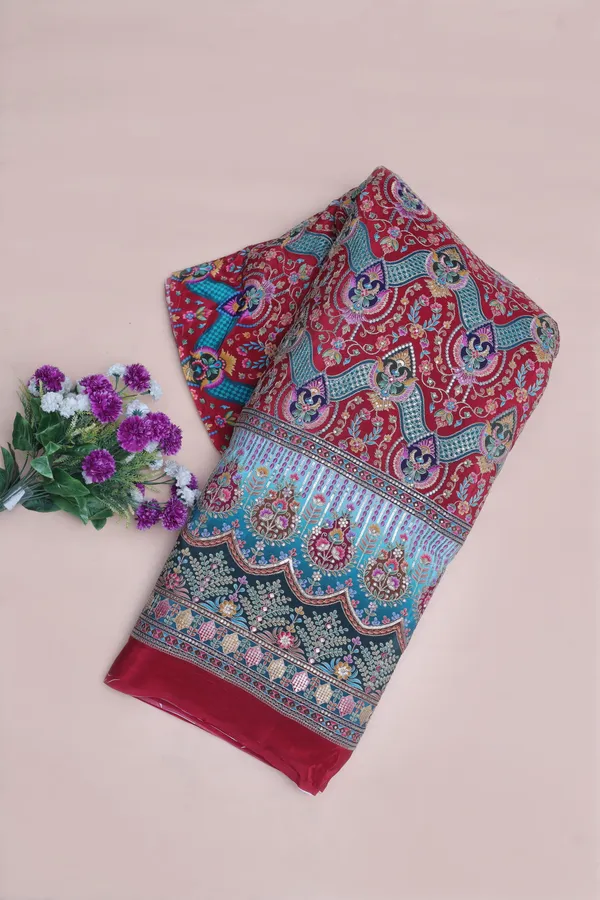 Natural_Crepe_Maroon_Floral_Geometric_Placement_Print_Fabric_With_Ornamental_Panel_Border