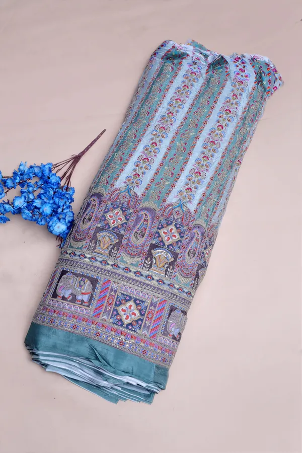 Natural_Crepe_Dusty_Lavender_Floral_Stripe_Placement_Print_Fabric_With_Ornamental_Border