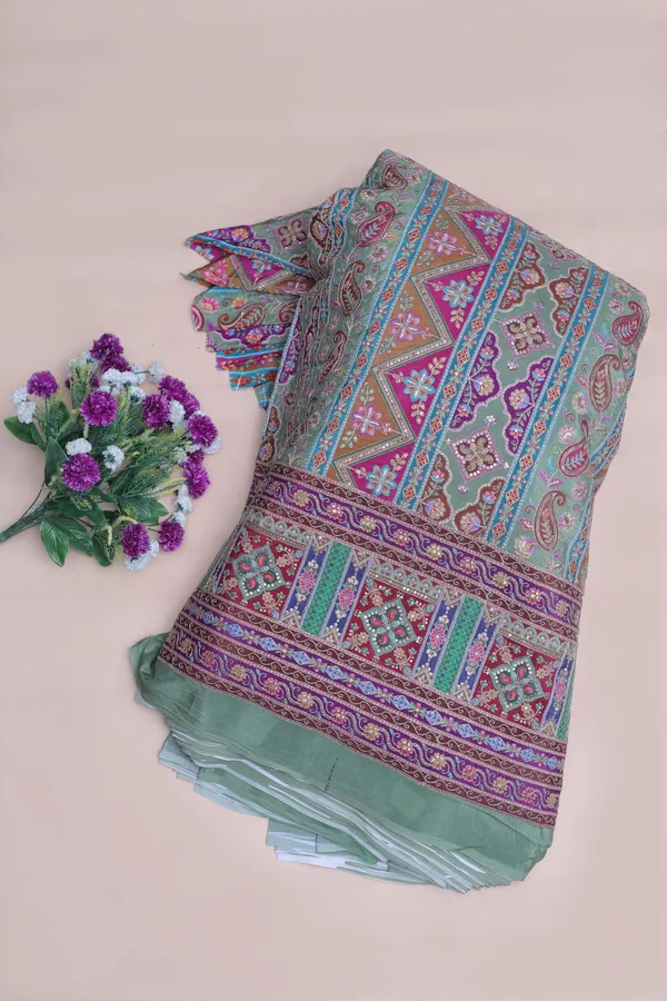 Natural_Crepe_Sage_Green_Geometric_Ethnic_Placement_Print_Fabric_With_Paisley_Ornamental_Border