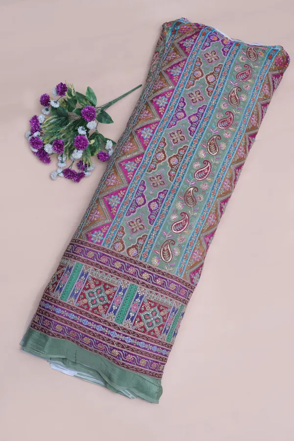 Natural_Crepe_Sage_Green_Geometric_Ethnic_Placement_Print_Fabric_With_Paisley_Ornamental_Border