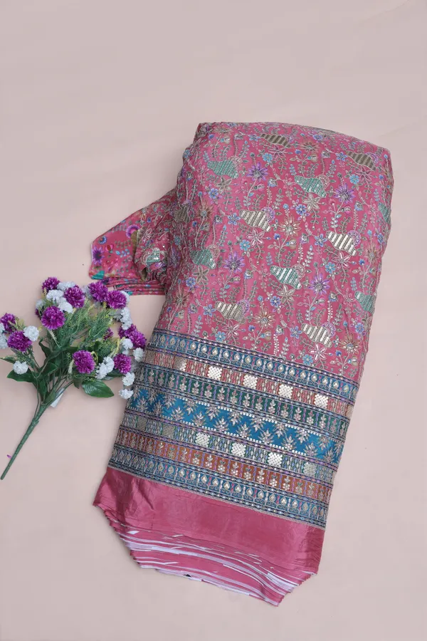 Natural_Crepe_Candy_Pink_Floral_Buta_Placement_Print_Fabric_With_Heavy_Ornamental_Border