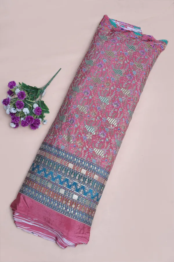 Natural_Crepe_Candy_Pink_Floral_Buta_Placement_Print_Fabric_With_Heavy_Ornamental_Border