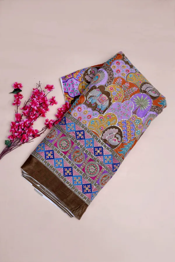 Natural_Crepe_Lavender_Purple_Floral_Buta_Placement_Print_Fabric_With_Heavy_Ornamental_Border