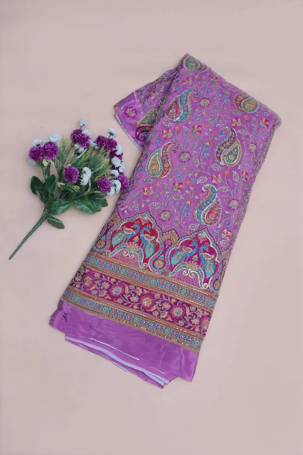 Natural_Crepe_Lavender_Pink_Paisley_Floral_Placement_Print_Fabric_With_Peacock_Ornamental_Border