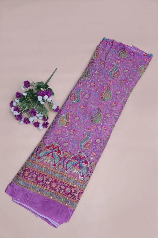 Natural_Crepe_Lavender_Pink_Paisley_Floral_Placement_Print_Fabric_With_Peacock_Ornamental_Border