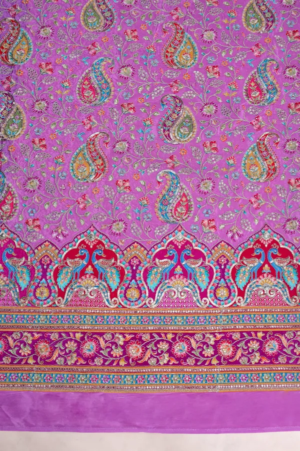 Natural_Crepe_Lavender_Pink_Paisley_Floral_Placement_Print_Fabric_With_Peacock_Ornamental_Border