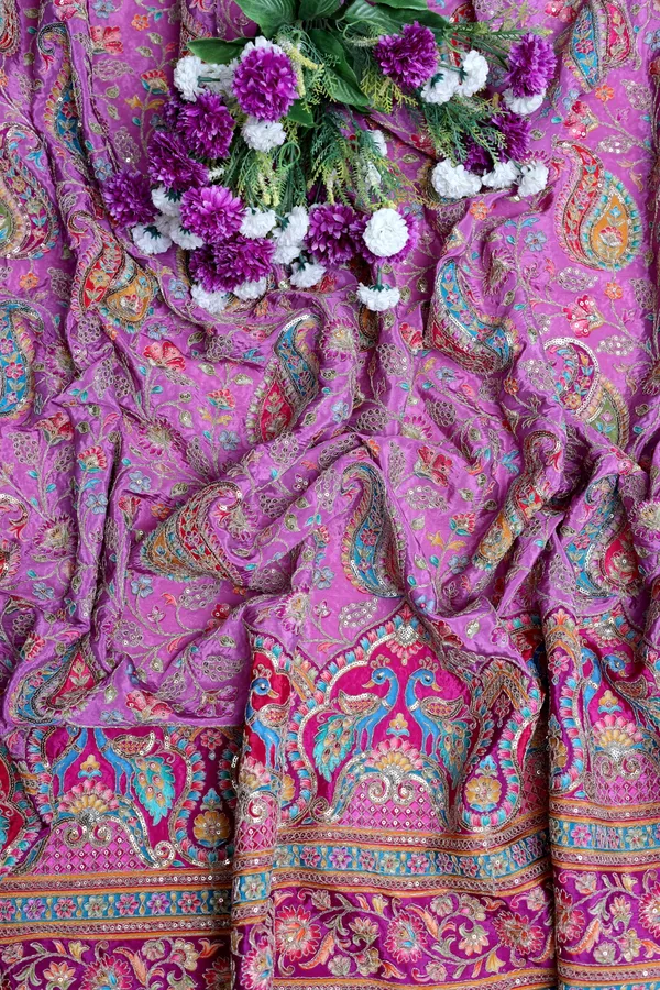 Natural_Crepe_Lavender_Pink_Paisley_Floral_Placement_Print_Fabric_With_Peacock_Ornamental_Border
