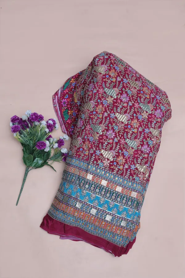 Natural_Crepe_Rani_Pink_Floral_Buta_Placement_Print_Fabric_With_Heavy_Ornamental_Border