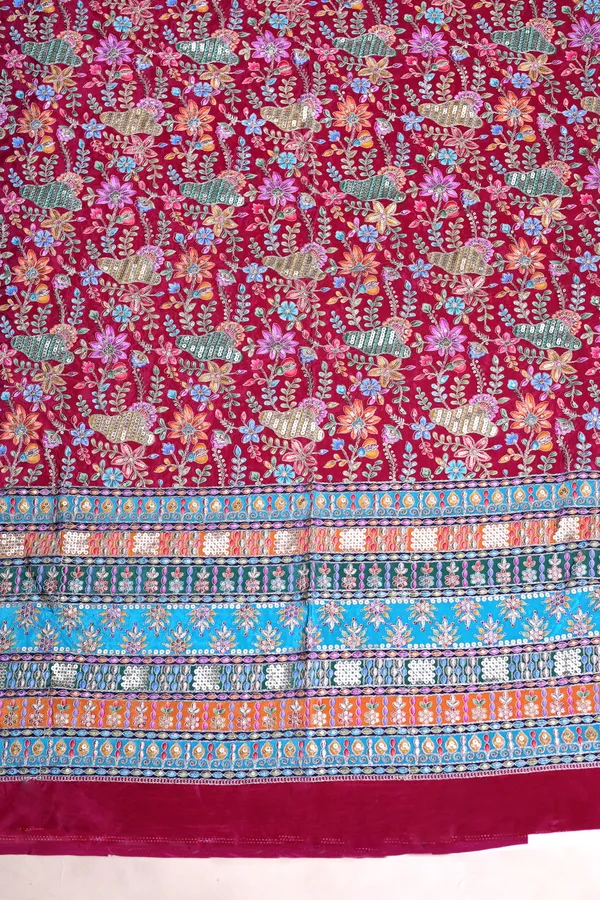 Natural_Crepe_Rani_Pink_Floral_Buta_Placement_Print_Fabric_With_Heavy_Ornamental_Border