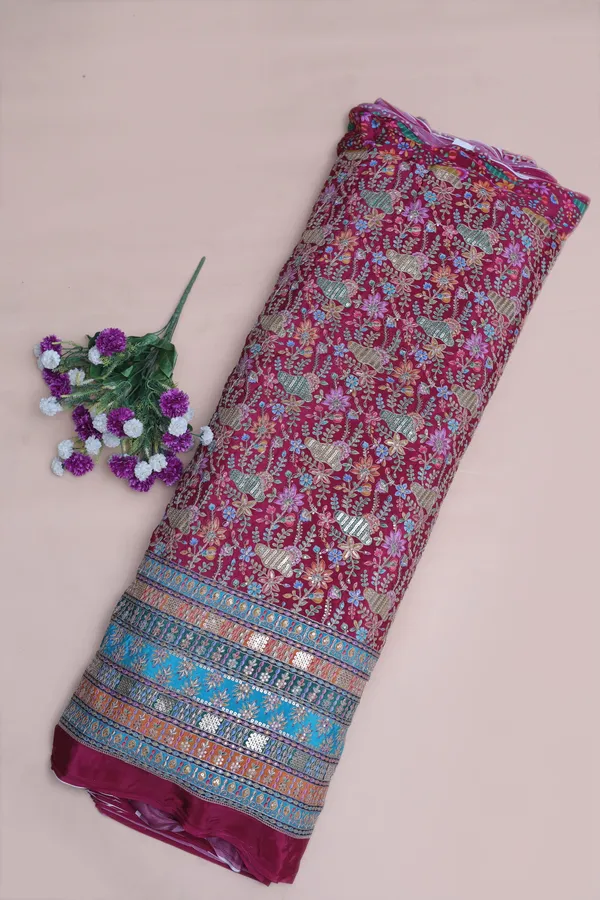 Natural_Crepe_Rani_Pink_Floral_Buta_Placement_Print_Fabric_With_Heavy_Ornamental_Border