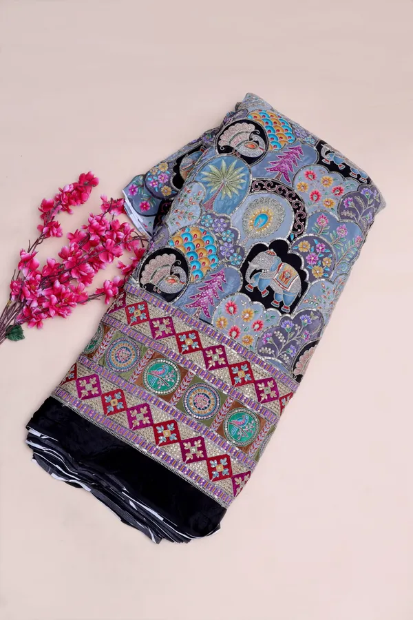 Natural_Crepe_Candy_Pink_Floral_Buta_Placement_Print_Fabric_With_Heavy_Ornamental_Border