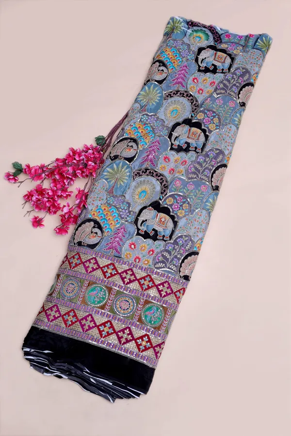 Natural_Crepe_Candy_Pink_Floral_Buta_Placement_Print_Fabric_With_Heavy_Ornamental_Border