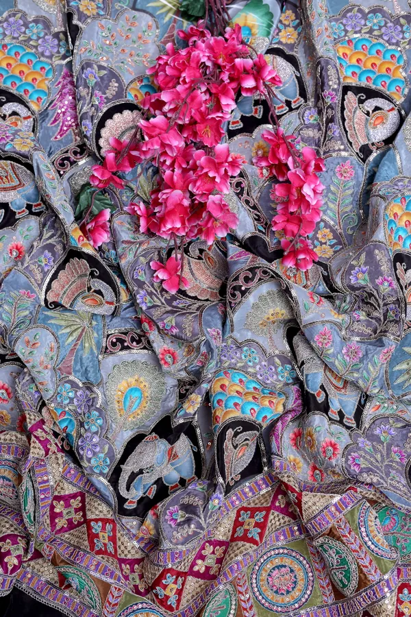 Natural_Crepe_Candy_Pink_Floral_Buta_Placement_Print_Fabric_With_Heavy_Ornamental_Border