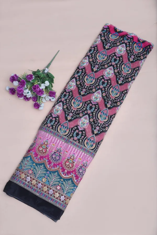 Natural_Crepe_Black_Floral_Geometric_Placement_Print_Fabric_With_Bright_Pink_Aqua_Border