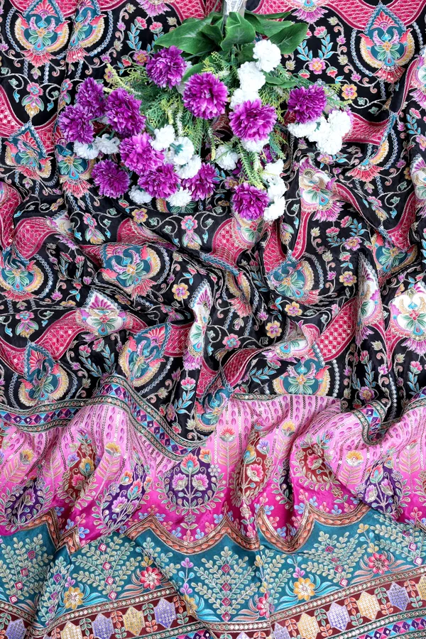 Natural_Crepe_Black_Floral_Geometric_Placement_Print_Fabric_With_Bright_Pink_Aqua_Border