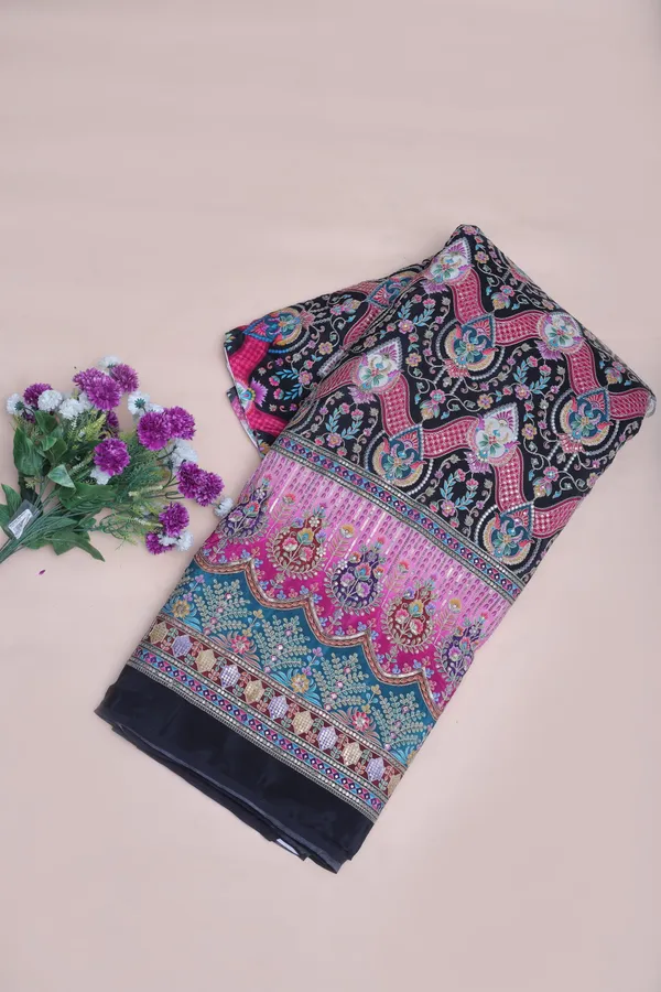 Natural_Crepe_Black_Floral_Geometric_Placement_Print_Fabric_With_Bright_Pink_Aqua_Border