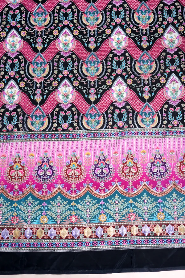 Natural_Crepe_Black_Floral_Geometric_Placement_Print_Fabric_With_Bright_Pink_Aqua_Border