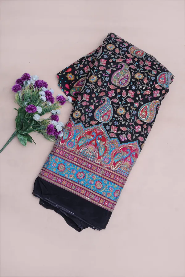 Natural_Crepe_Black_Paisley_Floral_Placement_Print_Fabric_With_Ornamental_Border