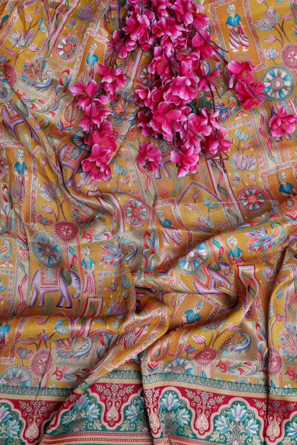 Pure_Viscose_Dolla_Jacquard_Mustard_Yellow_Ethnic_Scenic_Position_Print_Fabric_With_Elephant_Border