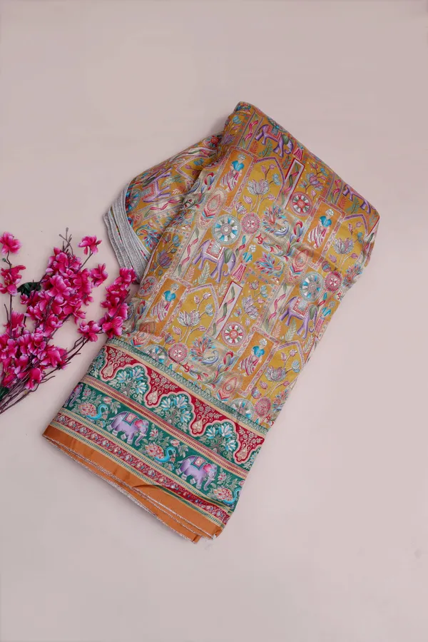 Pure_Viscose_Dolla_Jacquard_Mustard_Yellow_Ethnic_Scenic_Position_Print_Fabric_With_Elephant_Border