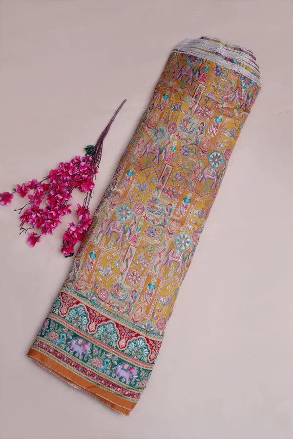 Pure_Viscose_Dolla_Jacquard_Mustard_Yellow_Ethnic_Scenic_Position_Print_Fabric_With_Elephant_Border