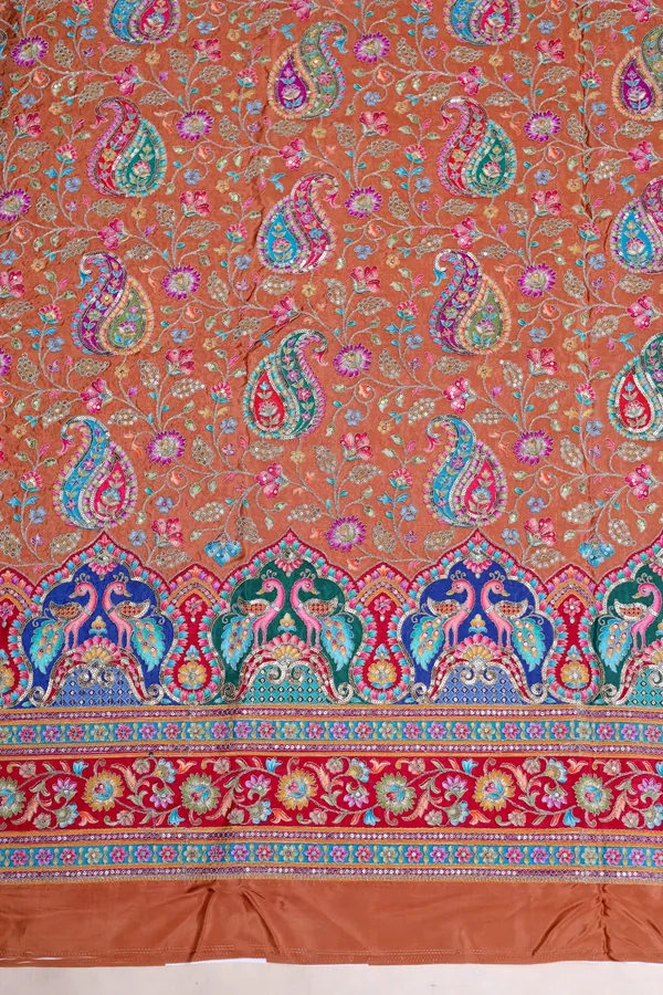 Natural_Crepe_Camel_Brown_Paisley_Floral_Placement_Print_Fabric_With_Peacock_Ornamental_Border