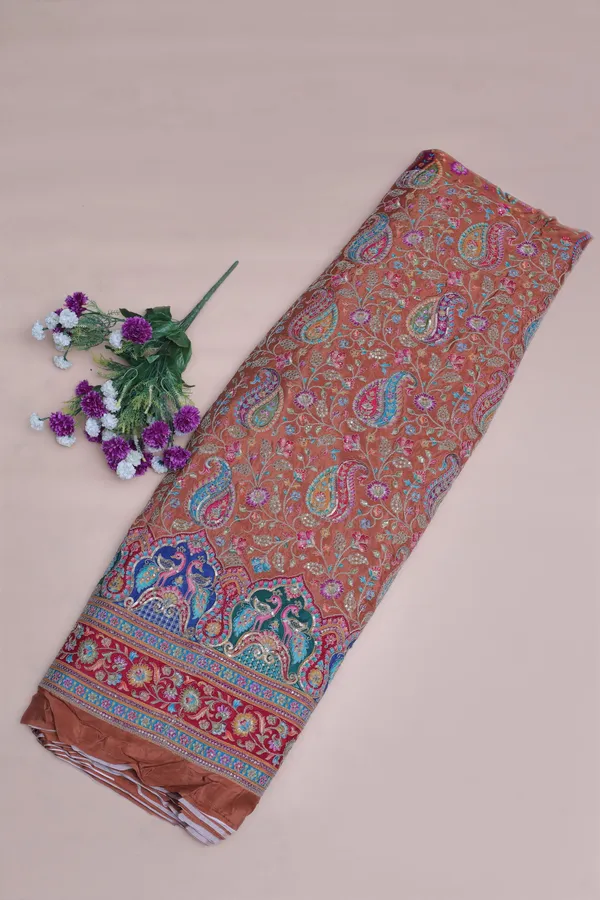 Natural_Crepe_Camel_Brown_Paisley_Floral_Placement_Print_Fabric_With_Peacock_Ornamental_Border
