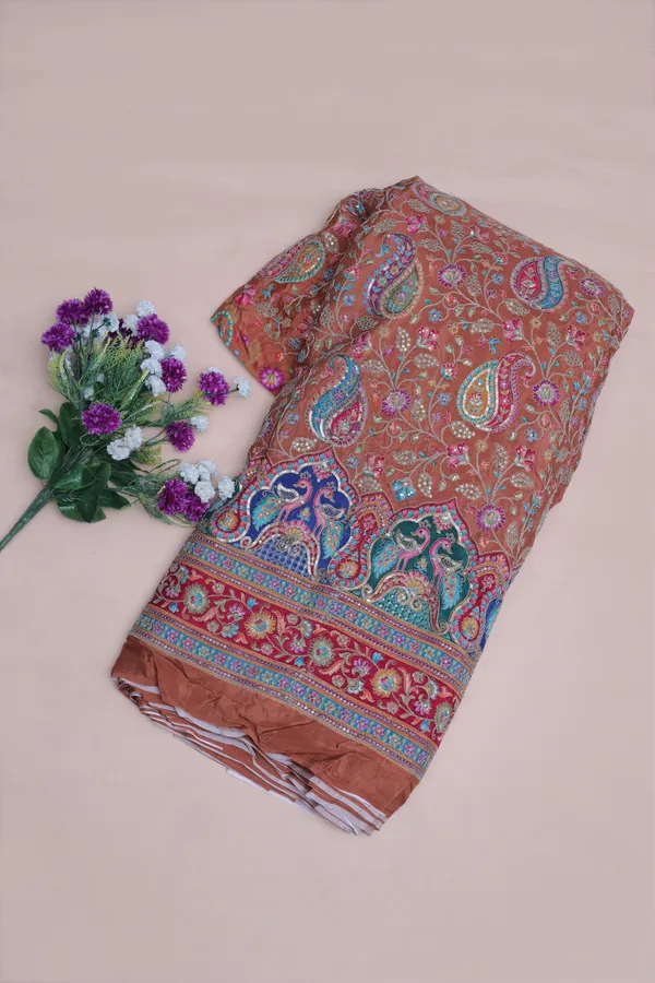 Natural_Crepe_Camel_Brown_Paisley_Floral_Placement_Print_Fabric_With_Peacock_Ornamental_Border