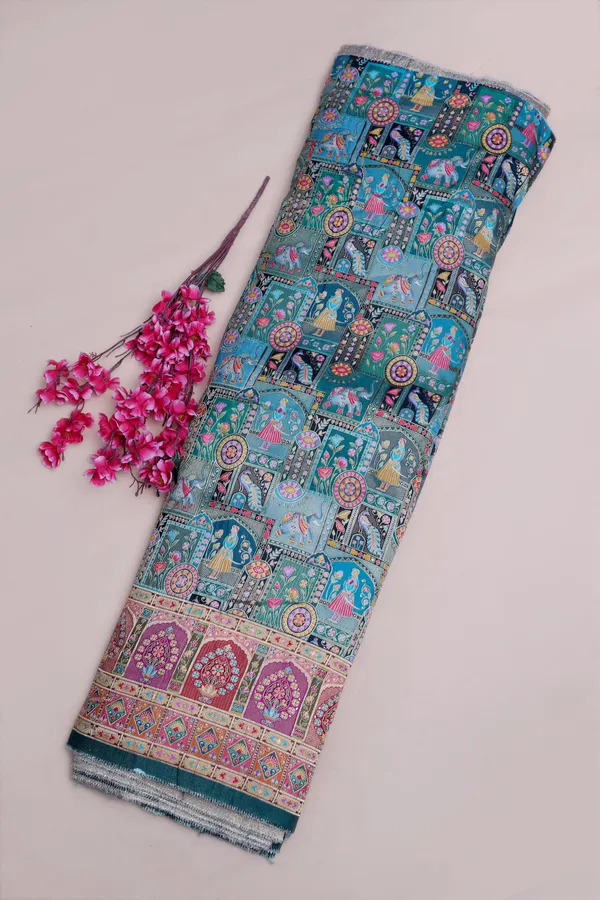 Pure_Viscose_Dolla_Jacquard_Teal_Ethnic_Scenic_Position_Print_Fabric_With_Ornamental_Border