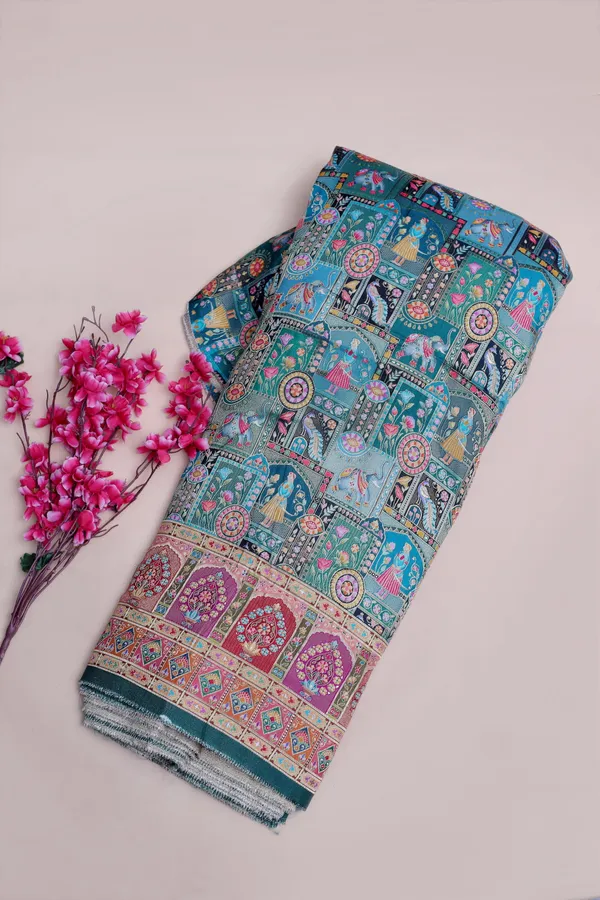 Pure_Viscose_Dolla_Jacquard_Teal_Ethnic_Scenic_Position_Print_Fabric_With_Ornamental_Border