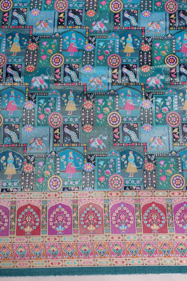 Pure_Viscose_Dolla_Jacquard_Teal_Ethnic_Scenic_Position_Print_Fabric_With_Ornamental_Border