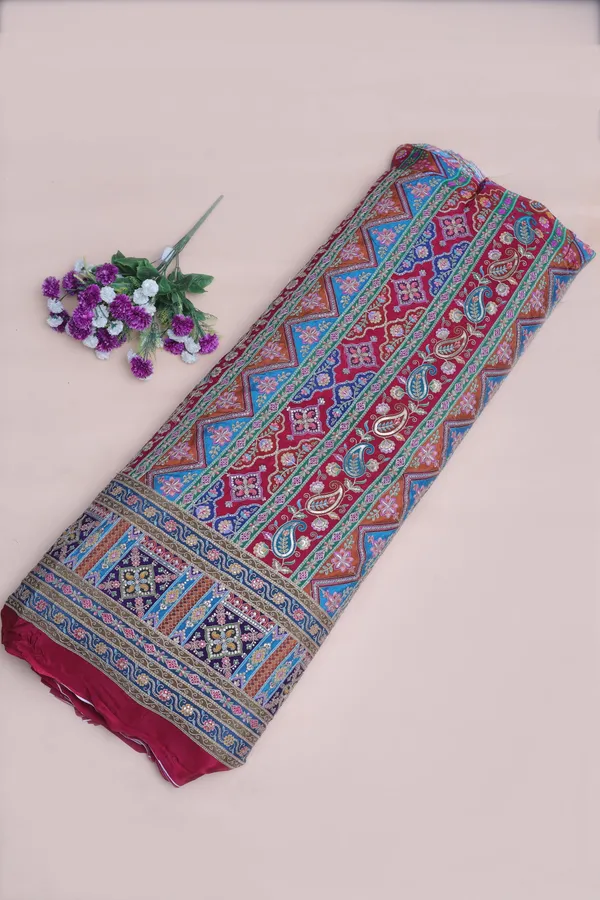 Natural_Crepe_Rani_Pink_Geometric_Ethnic_Placement_Print_Fabric_With_Paisley_Ornamental_Border