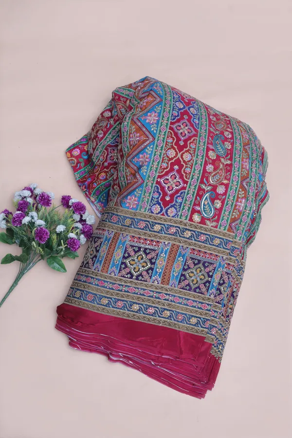 Natural_Crepe_Rani_Pink_Geometric_Ethnic_Placement_Print_Fabric_With_Paisley_Ornamental_Border