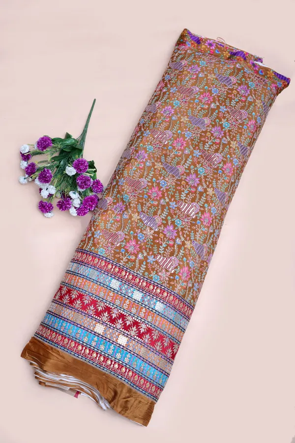 Natural_Crepe_Camel_Brown_Floral_Buta_Placement_Print_Fabric_With_Heavy_Ornamental_Border