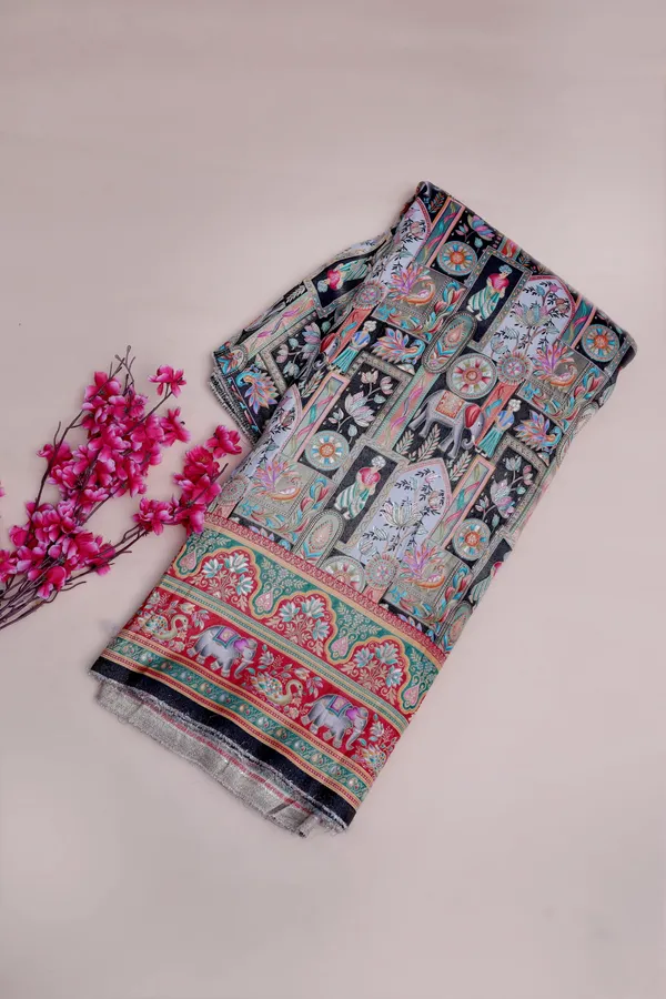 Pure_Viscose_Dolla_Jacquard_Ethnic_Scenic_Position_Print_Fabric_With_Elephant_Border
