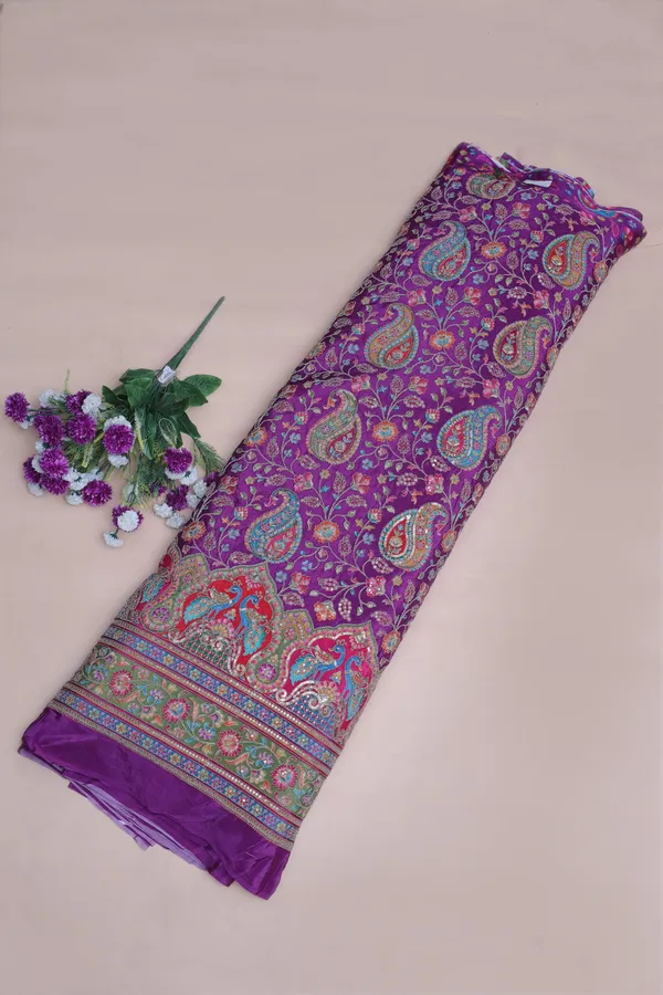 Natural_Crepe_Deep_Purple_Paisley_Floral_Placement_Print_Fabric_With_Ornamental_Border