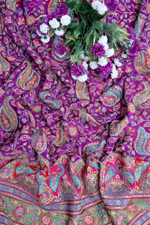 Natural_Crepe_Deep_Purple_Paisley_Floral_Placement_Print_Fabric_With_Ornamental_Border