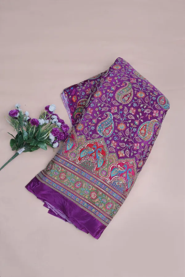 Natural_Crepe_Deep_Purple_Paisley_Floral_Placement_Print_Fabric_With_Ornamental_Border