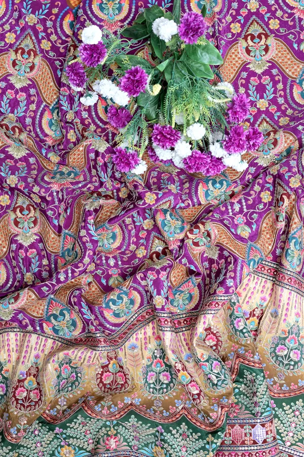 Natural_Crepe_Royal_Purple_Floral_Geometric_Placement_Print_Fabric_With_Ornamental_Panel_Border