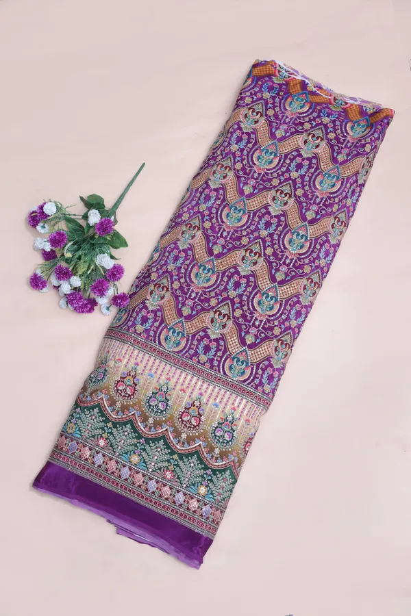 Natural_Crepe_Royal_Purple_Floral_Geometric_Placement_Print_Fabric_With_Ornamental_Panel_Border