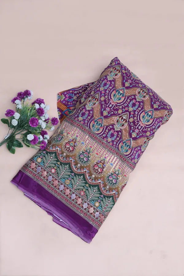 Natural_Crepe_Royal_Purple_Floral_Geometric_Placement_Print_Fabric_With_Ornamental_Panel_Border