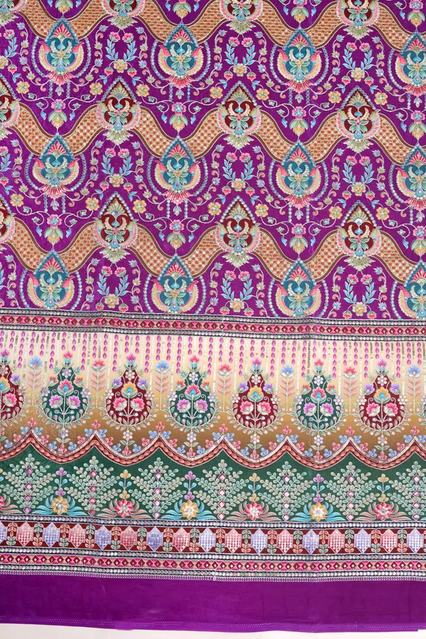 Natural_Crepe_Royal_Purple_Floral_Geometric_Placement_Print_Fabric_With_Ornamental_Panel_Border