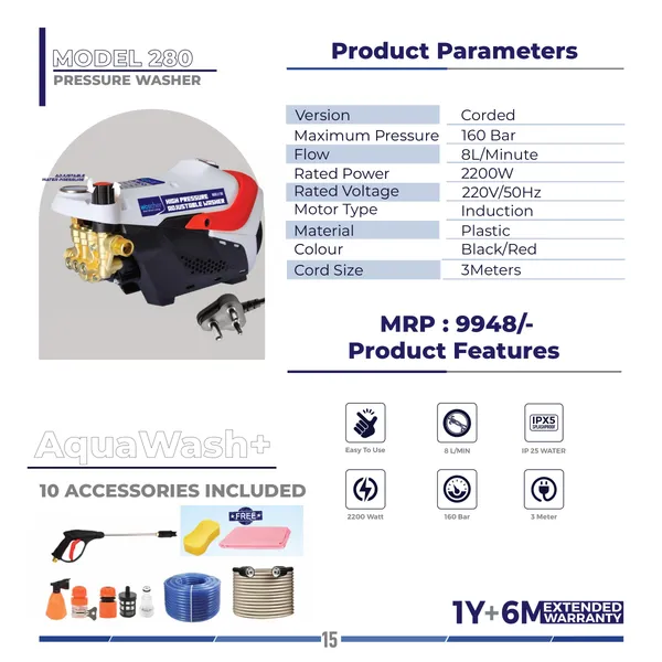 Aquawash_Plus_Model_280_Highpressure_Washer_2200W,_160_Bar,_8L_Min_Flow_With_10_Accessories
