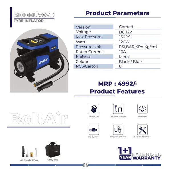 Wascher_Model_767D_Portable_Corded_Tyre_Inflator_12V_Dc,_150_Psi,_Black_And_Blue