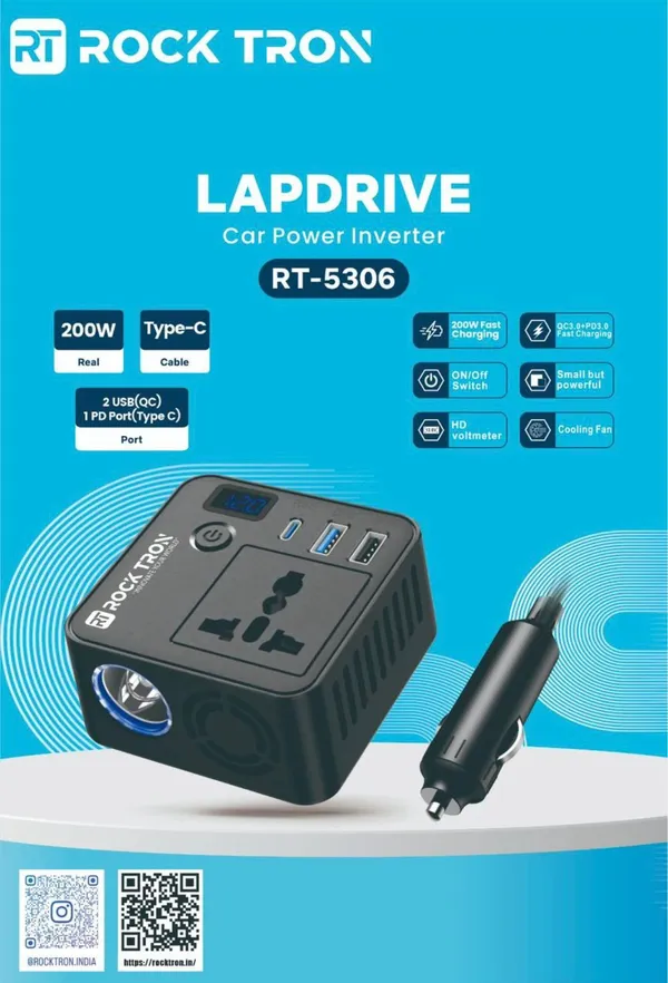 Rock_Trov_Lapdrive_Rt_5306_200W_Car_Power_Inverter_With_Typec_Pd_Port_And_Dual_Usb_Qc_Ports
