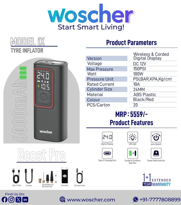 Woscher_Model_Ix_Boost_Pro_Digital_Tyre_Inflator_Cordless_And_Corded_Portable_Air_Compressor_With_Led_Light,_150_Psi,_100W,_12V_Dc