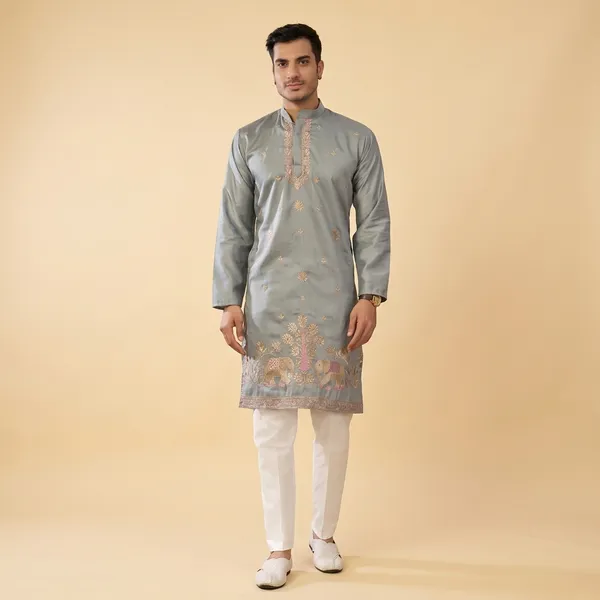 Grey_Cotton_Embroidered_Straight_Kurta_For_Men